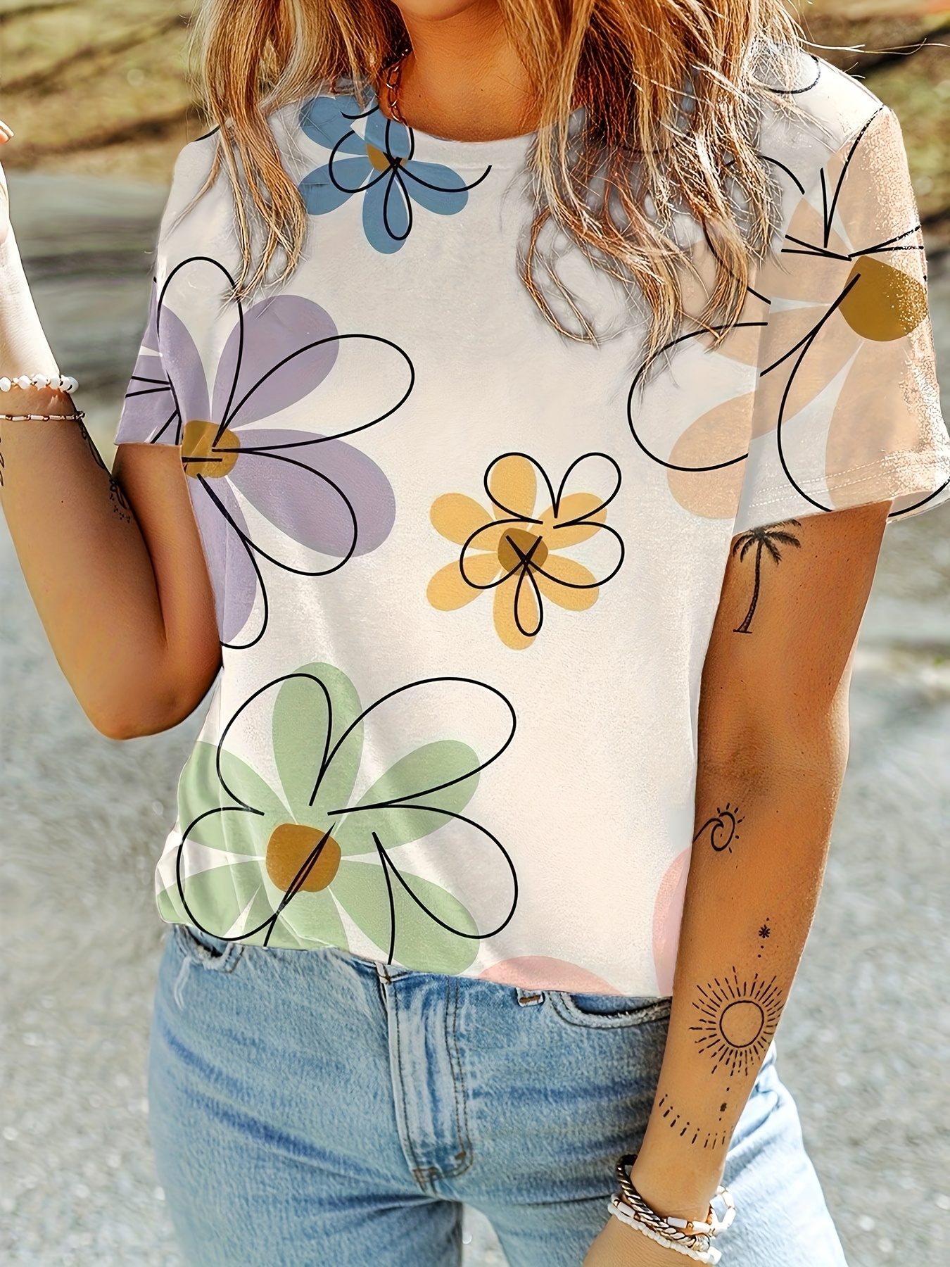 Stampa Maglia Con Fiori Oltre CON FIORI APPLICATI T-shirt Con