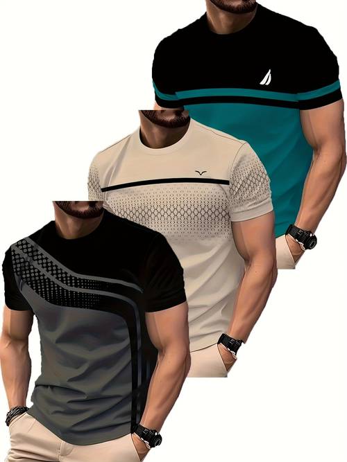 3pcs mens fashion casual striped print short sleeve t shirts summer crew neck quick dry breathable sports tee shirts