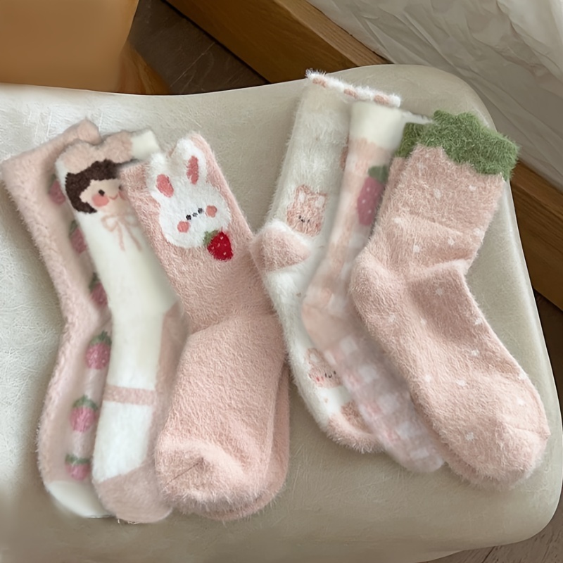 

6pcs Women's Mid-calf Plush Socks, Cute Bunny & Strawberry Print, Soft Polyester With Bow Detail, Cozy & Warm Stockings