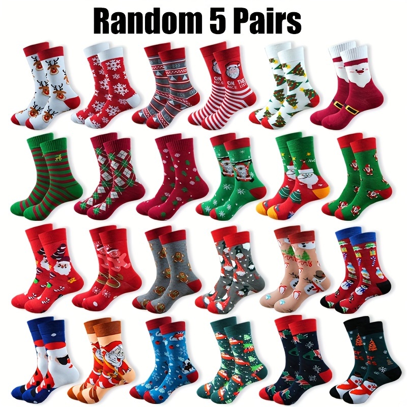 

Christmas Tree Santa Claus Stripes Pattern 5/10 Pairs Men's Mid Calf Crew Socks, Simple All- Comfy Casual Sports Socks For Basketball Running