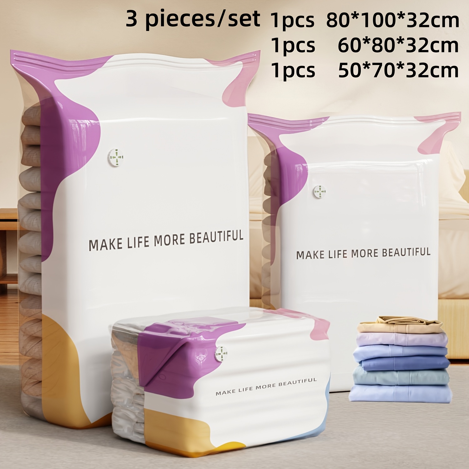 TEMU 3pcs/set 3d Vacuum Compression Bags - Space Saver Bags With Bottom, Reusable And To Air, Suitable For Clothing And Bedding Storage, Seasonal