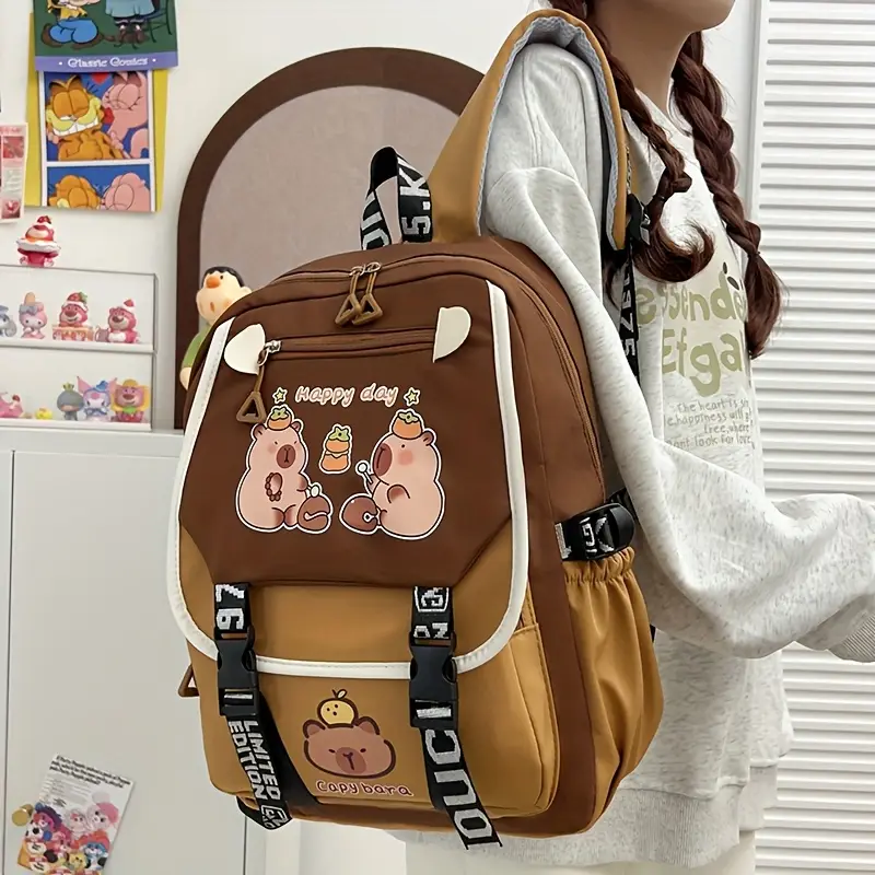 new cute capibara pattern backpack large capacity fashion casual school bag details 5