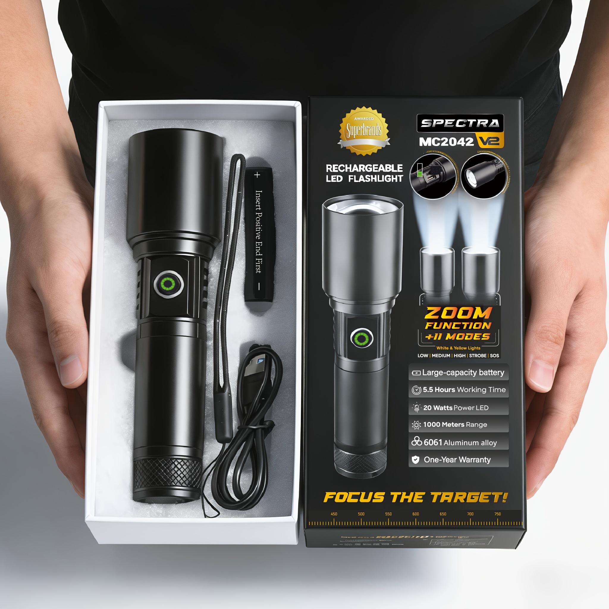 TEMU 4000lm High Power Flashlight That Can Start A Fire P70 Usb-c Rechargeable Led Flashlight With 11 Aluminum Alloy 18650 Lithium Battery Adjustable