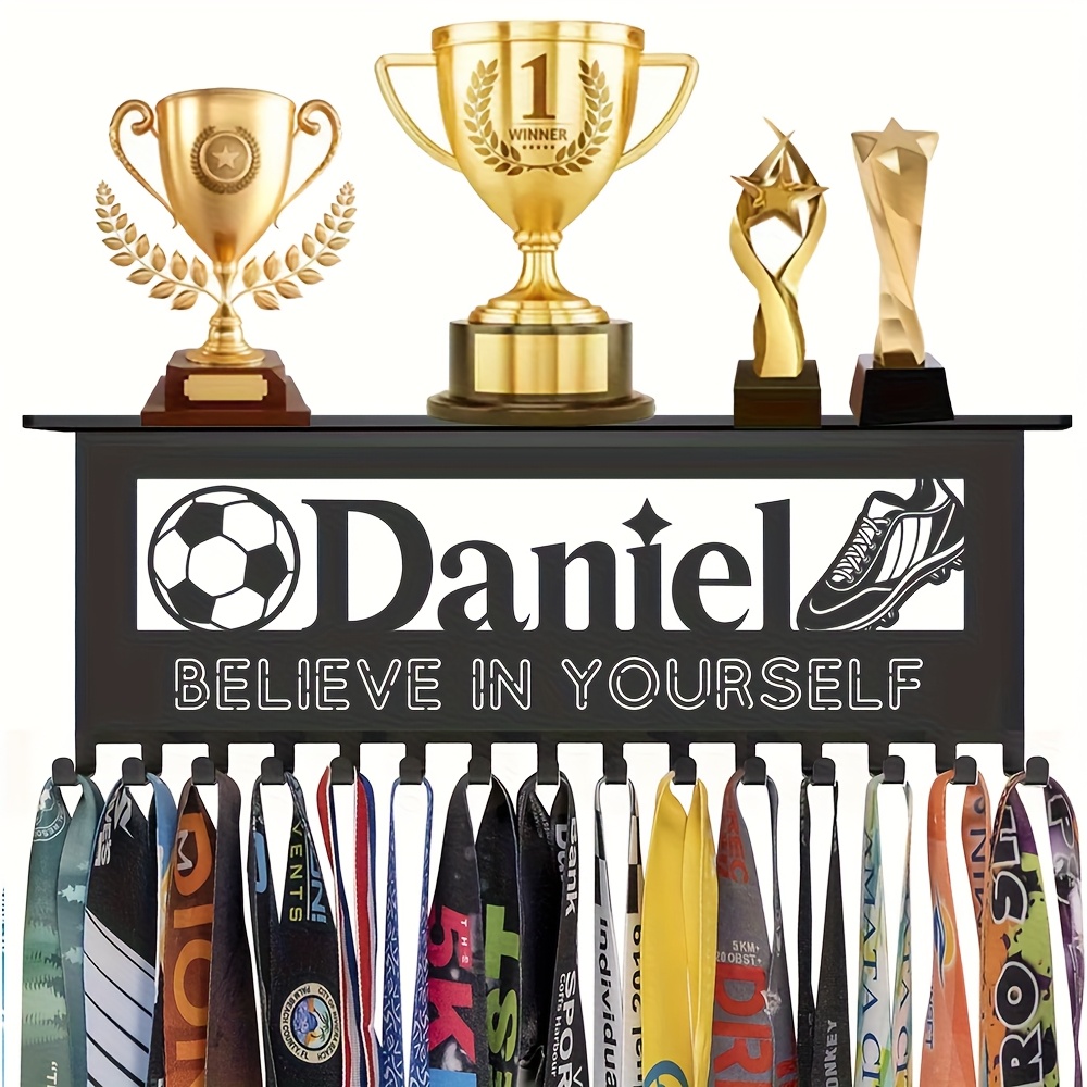 TEMU Customizable Trophy Display Stand With Medal Hooks - Personalized Name Metal Trophy Holder, Black Wall-mounted Rack For Ribbons, Footballs,