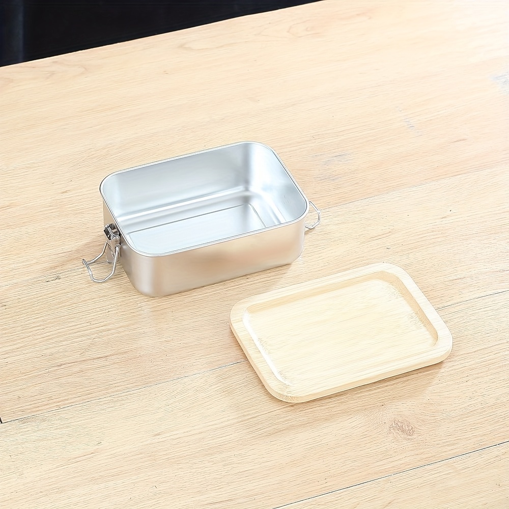 TEMU 1pc Premium Stainless Steel Bento Lunch Box. Meal Storage, Food Container Leak-proof Bamboo Lid. For Adults &. School, Work, Travel Use. Bamboo