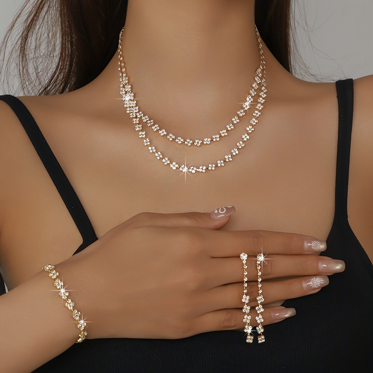 Sparkling Rhinestone Double Layer Necklace and Earrings Set for Bride