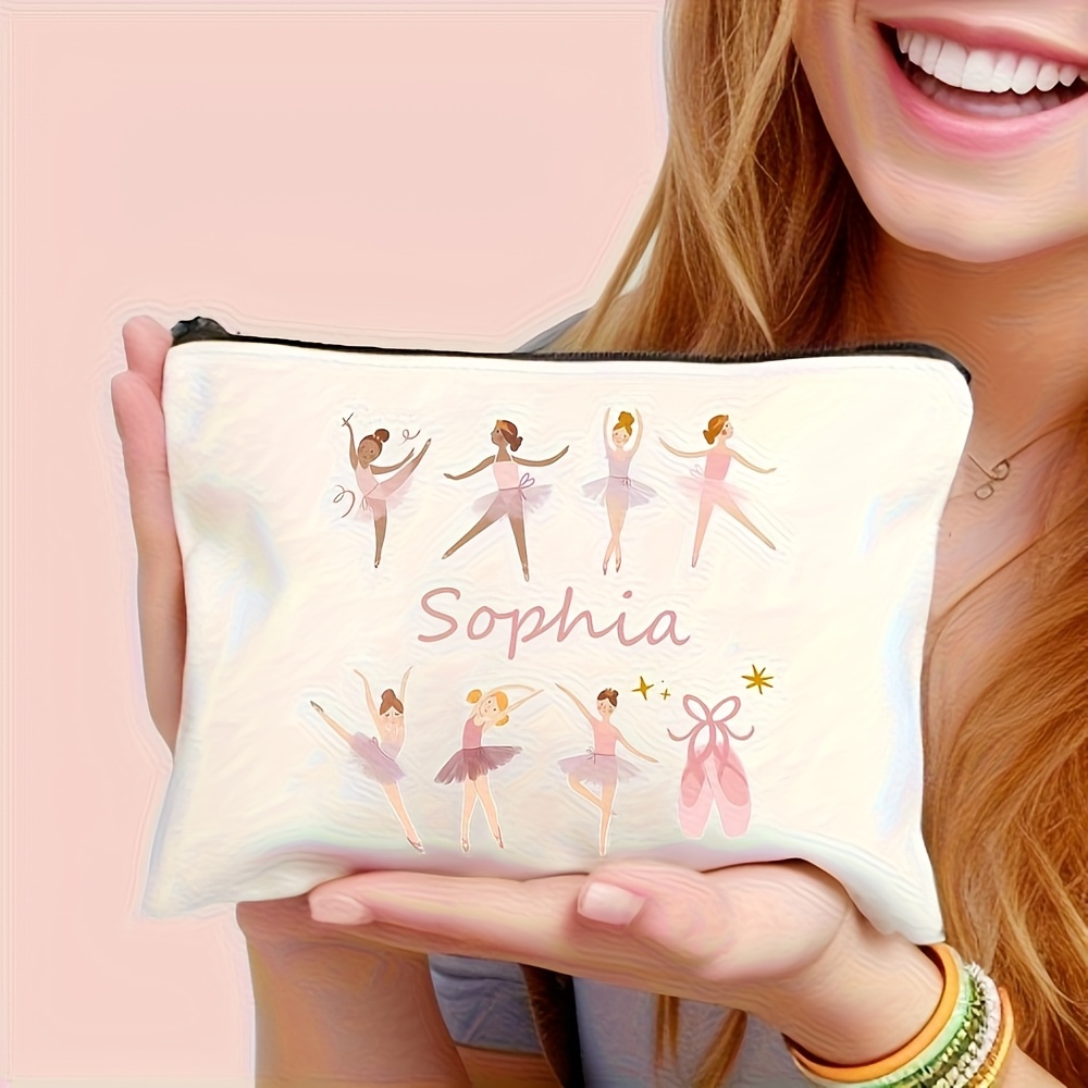 TEMU 1 Personalized Ballet-themed Makeup Bag With Custom Name - Elegant Ballerina And Tutu Skirt Design, Large-capacity Durable Fabric Cosmetic Case,