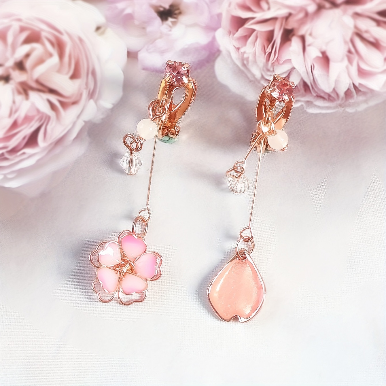 Image of Pair Of Women's -like Cherry Asymmetrical Ear Clips, Elegant Easy Temperament Floral Ear Jewelry