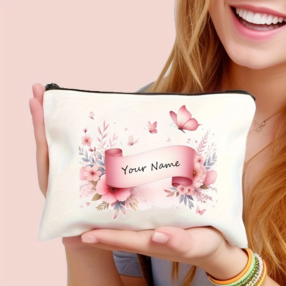 TEMU Sac de Cosmétique personnalisé vintage avec nœud rose et motif floral en ruban - Sac - Trousse de toilette - Étui à crayons - , parfait pour les