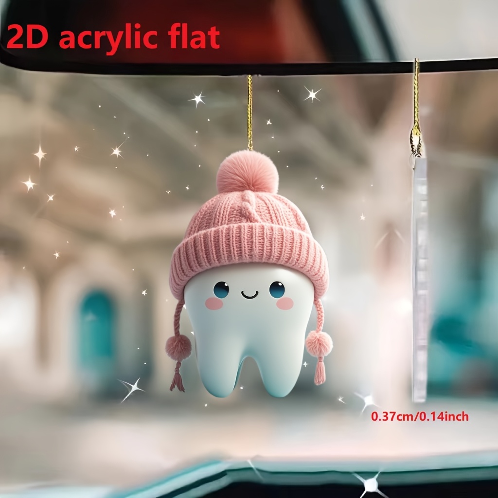 

1pc Cute 2d Acrylic Tooth Car Mirror Charm With Pink Hat & Tassels - Smiling , Mirror Decoration, Christmas Tree Ornament, Keychain Accessory, Holiday Party Gift, Car Mirror Hanging Accessories