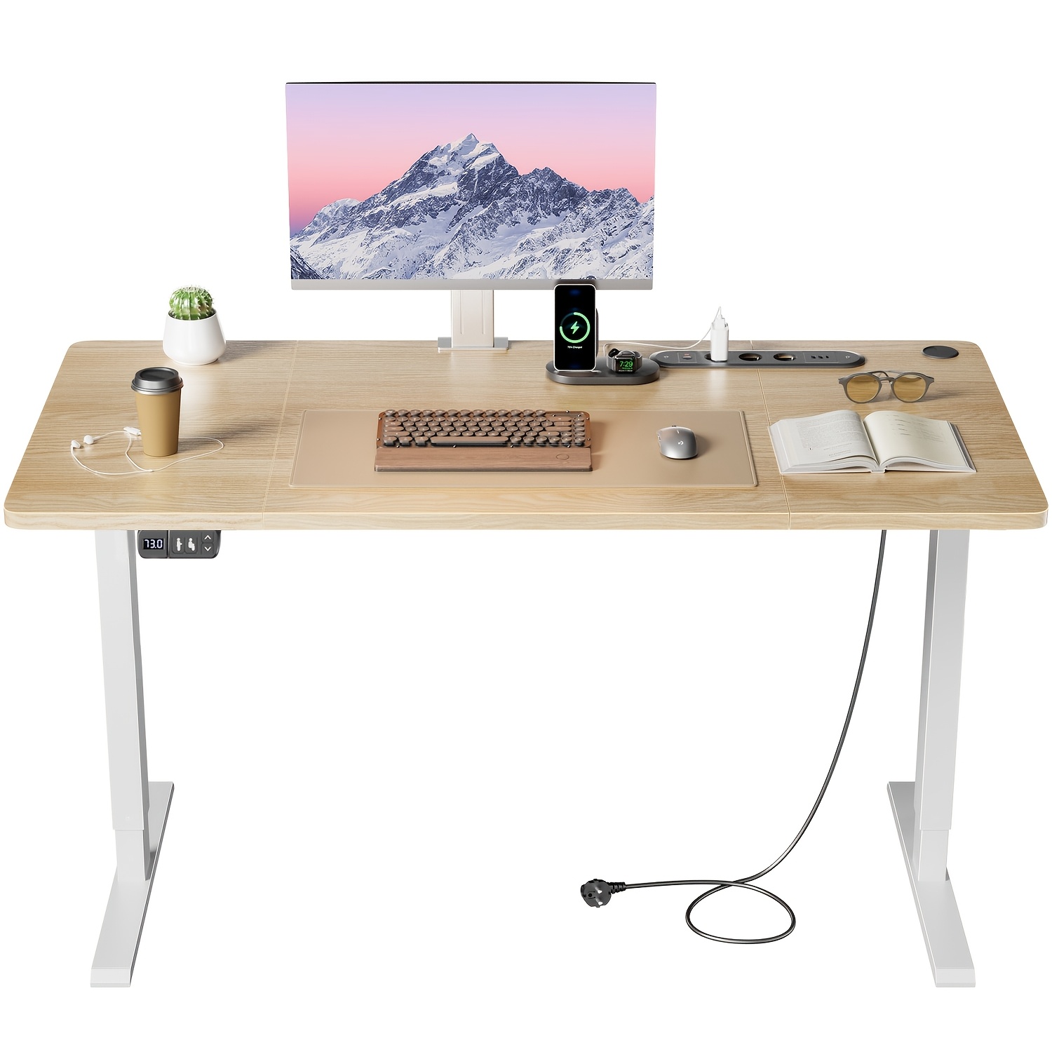 TEMU Bureau électrique pivotant, hauteur réglable, bureau de bureau avec prise électrique intégrée, port USB, 2 de , pour se tenir ou s'asseoir,