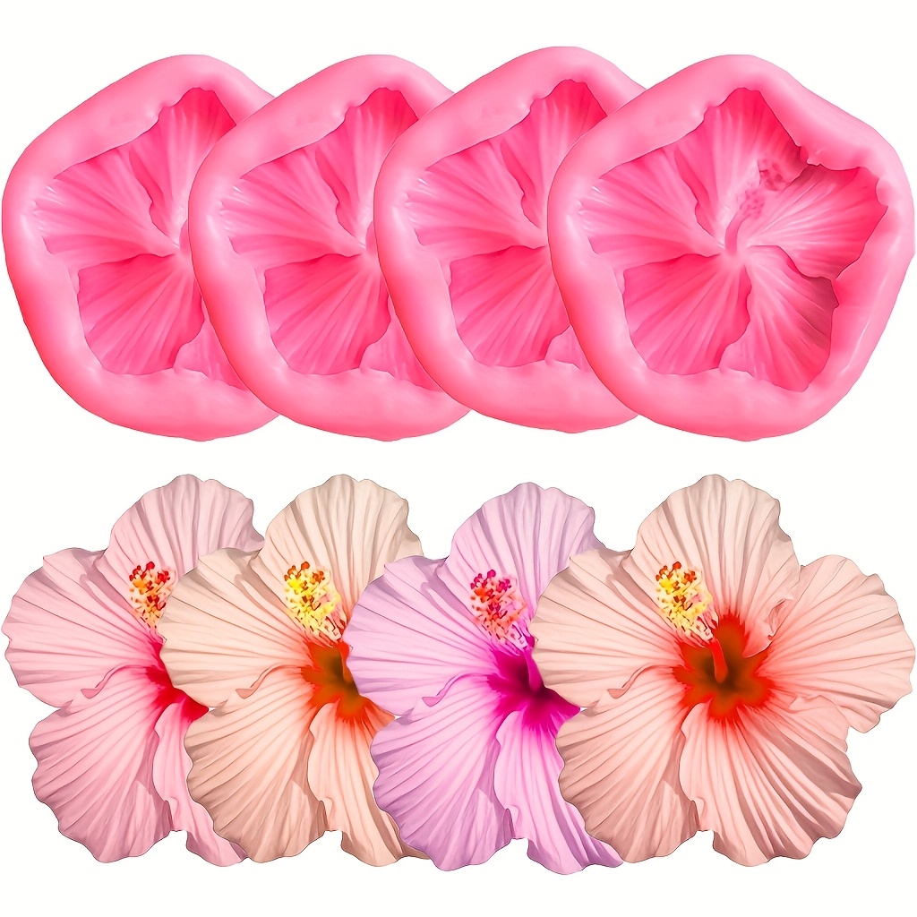 TEMU 4 moules en silicone fleur d'hibiscus, avec de fleurs d'hibiscus 3D, parfaits pour la fabrication de savons main, plâtre, et résine. Idéal pour