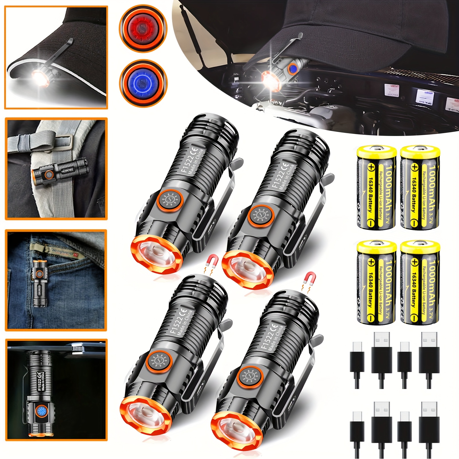 TEMU 4pcs High Usb Rechargeable Flashlights, 3modes Mini Edc Portable With Magnet Tail Base And Aluminum Clips For Camping Hiking Home Emergency (included 4pcs 16340 Battery)