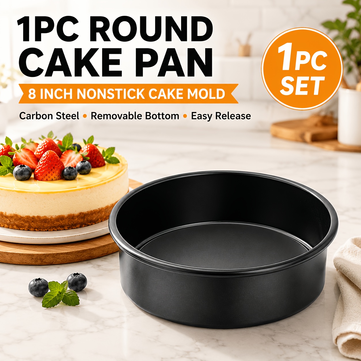 TEMU 1pc 8-inch Nonstick Round Cake Pan Set With Removable Bottom, Carbon Steel Loose-base Baking Tins For Cheesecake, Chiffon, Sponge, Layer &