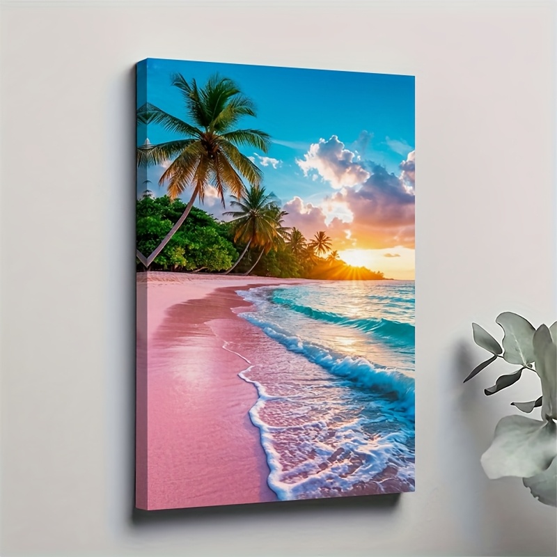 TEMU 2d Flat, 2d Flat, 1pc Beach Canvas Painting - Coastal Paradise Wall Art Poster Print With Solid Pine Wood Frame, Ready-to-hang Hanging Hooks -