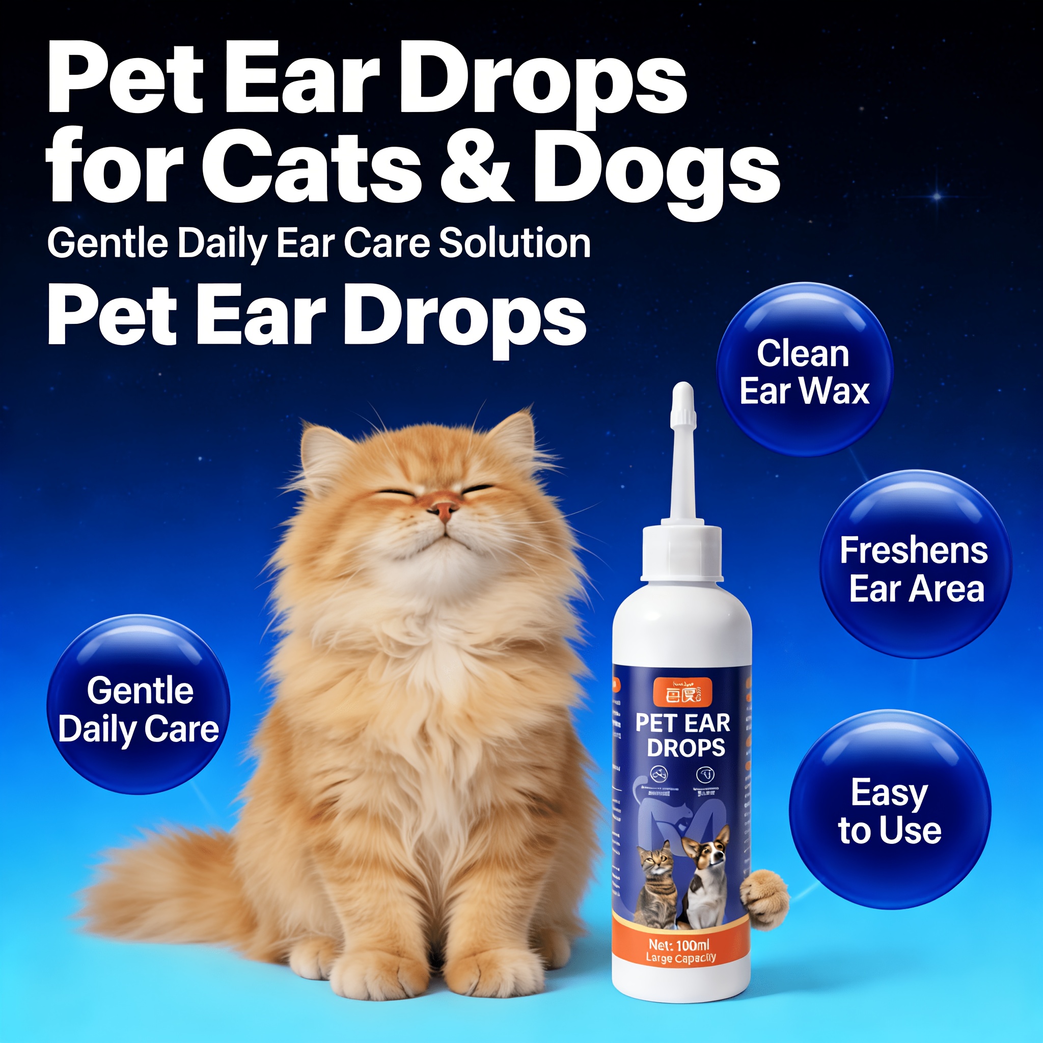 1 Bottle of Pet Ear Drops, Cleans Ear Dirt and Eliminates Odor, Suitable for Cats and Dogs, Gentle Formula, Easy to Use