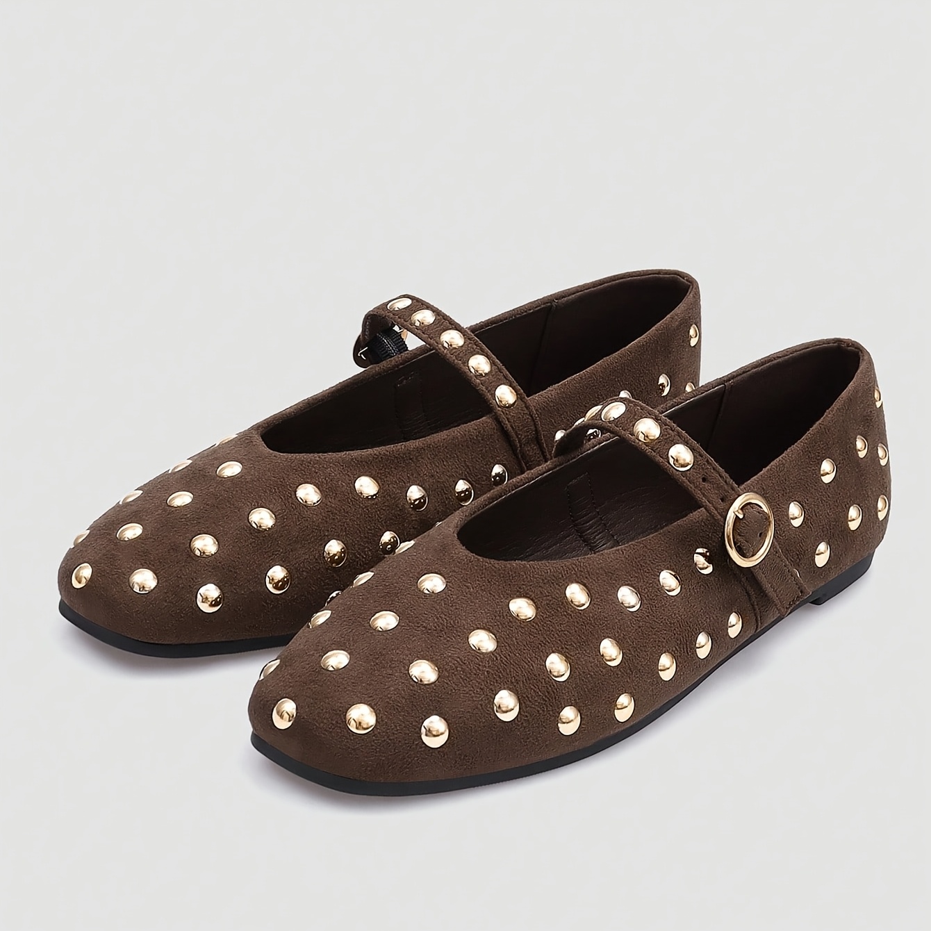 TEMU Nouveaux Ballerines Mary Jane Plates Noires à Bout Carré pour Femme avec Décor de Rivets Dorés et Sangle à Boucle, Chaussures Plates Vintage