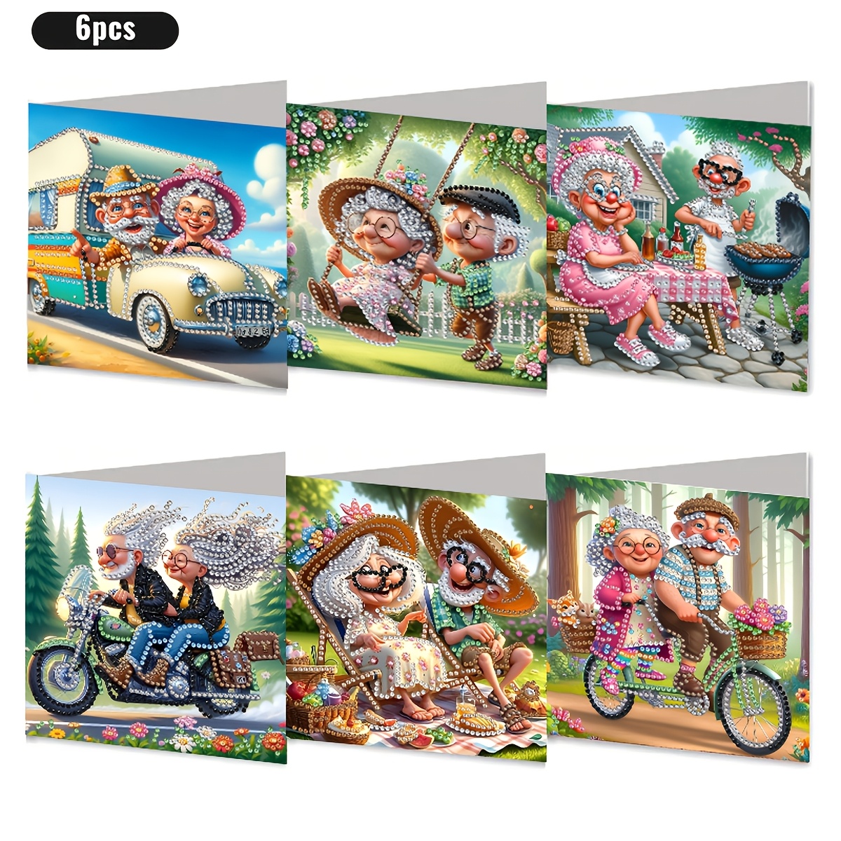 TEMU 6pcs Diy Diamond Painting Love Greeting Card Set, Happy Grandparents Themed Postcards, Unique Handmade Design, New Year And Birthday Greeting