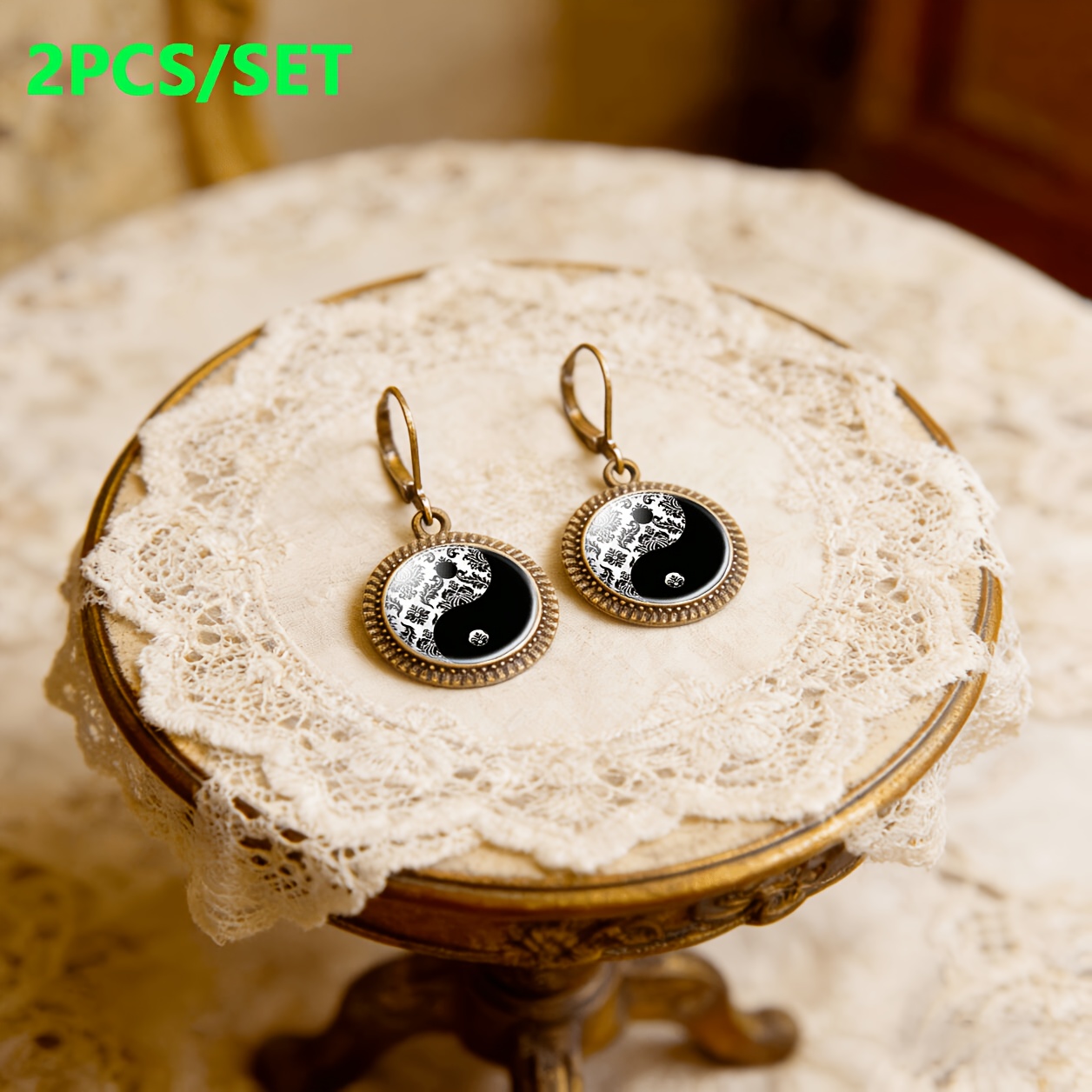 2pc Black and White Pattern Pendant Earrings Set