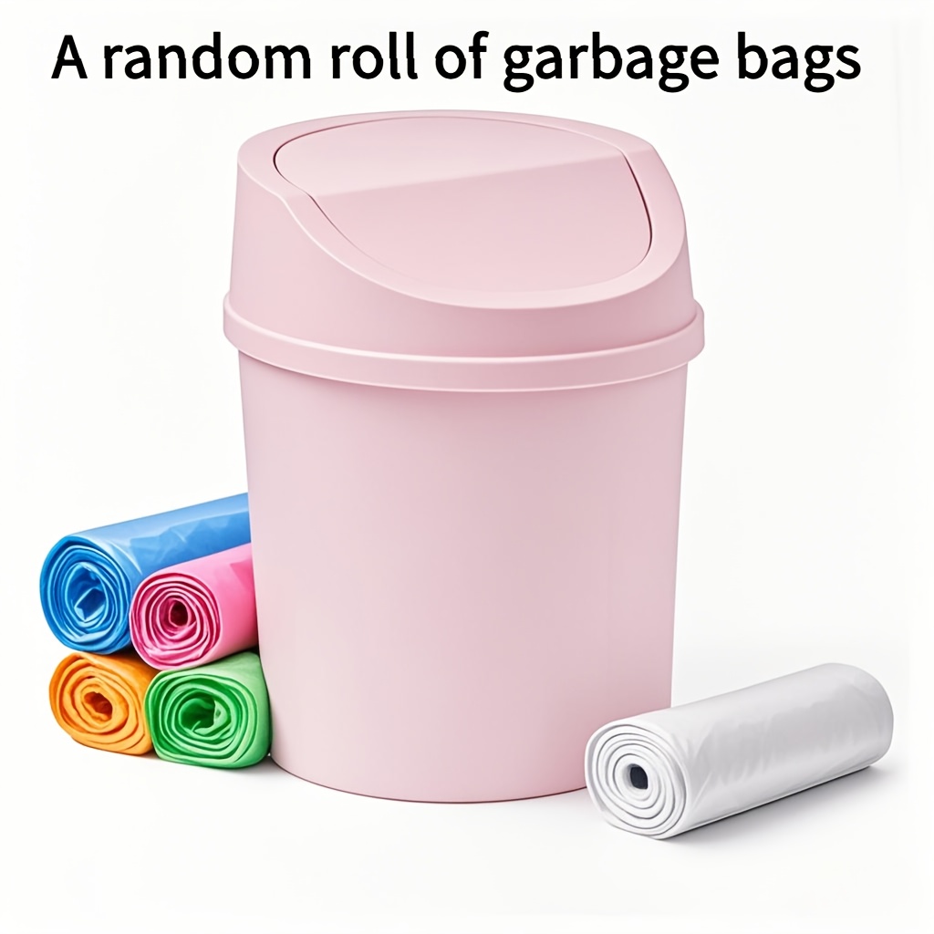 Un set que incluye un mini cubo de basura de escritorio con tapa y un rollo de 30 bolsas de basura pequeñas, con un cubo de basura giratorio de plástico, ideal para el hogar, la oficina y la cocina.