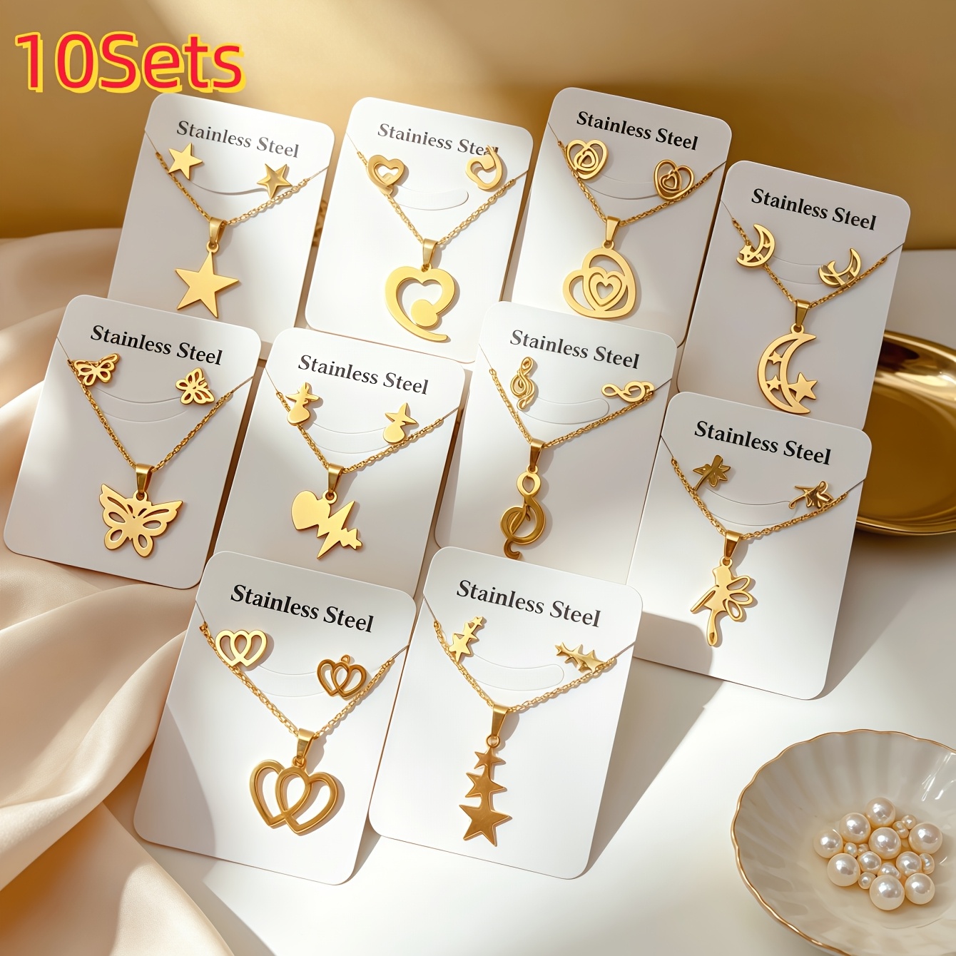 TEMU Juego de 10 conjuntos de aretes y collares de acero inoxidable con mariposas, corazones y amor, estilo , moderno, elegante, para mujer, joyería