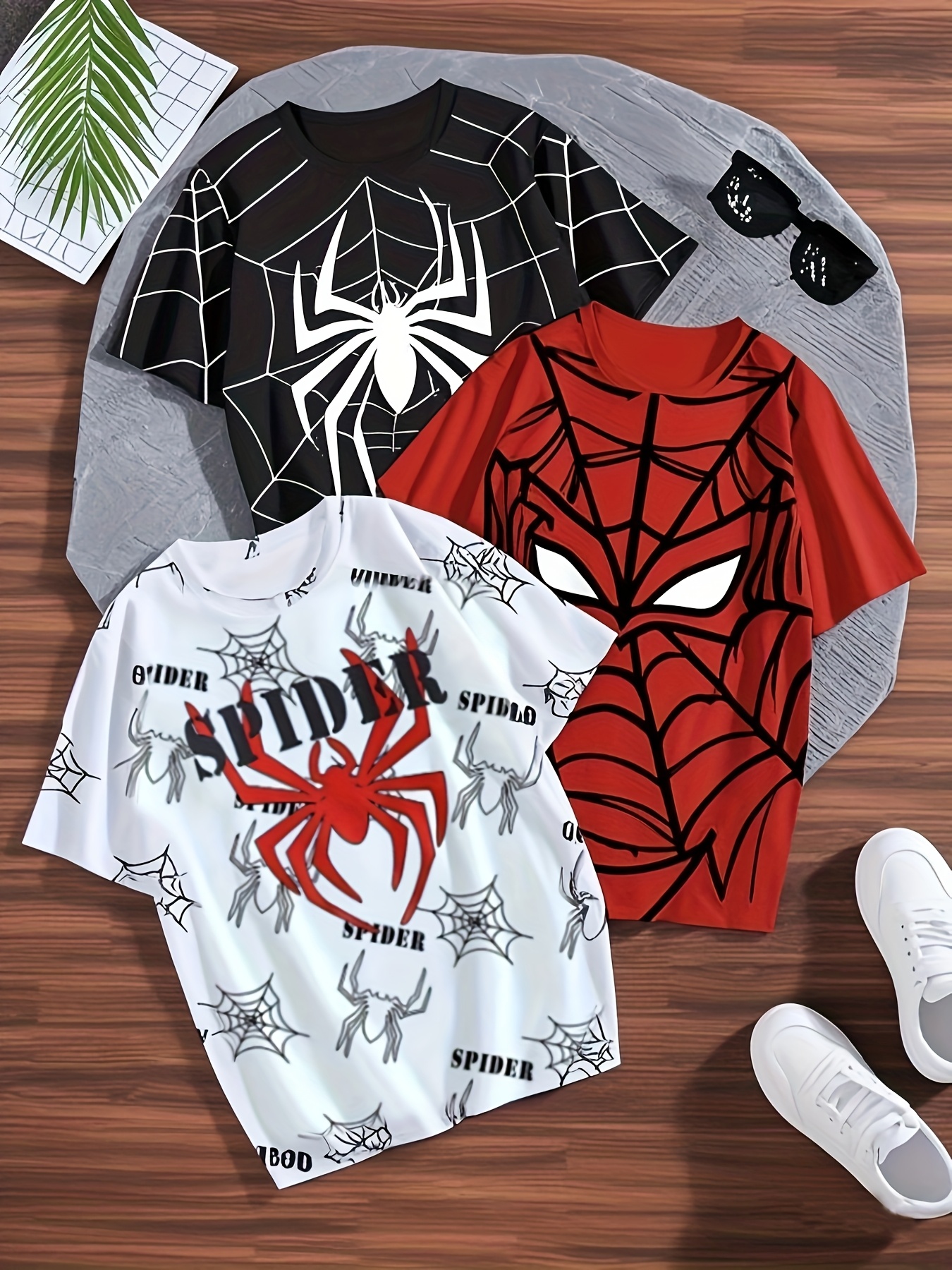 3pcs set of mens childrens spider print fashion creative element pattern short sleeved t shirts suitable for summer   wear as a gift