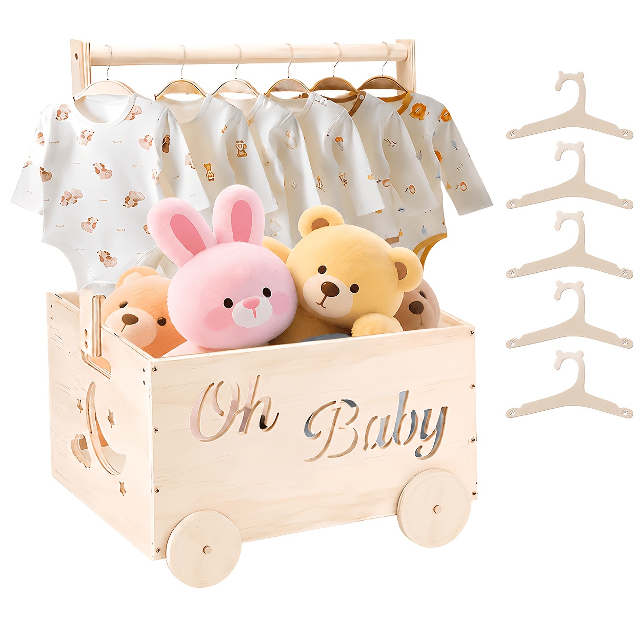 Image of Wooden Baby Shower With 5 Hangers, Baby Shower Gifts Basket For Newborn Boys Girls, Baby Shower Crate Box With Handle And Wheels, Pregnancy Gifts For Parents