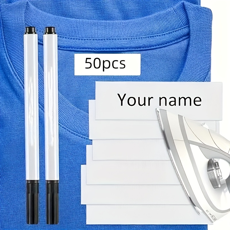 Image of 50pcs Iron On Clothing Labels Precut Fabric Personalized Name Tags With 2pcs Permanent Marker For Nursing Home Uniforms