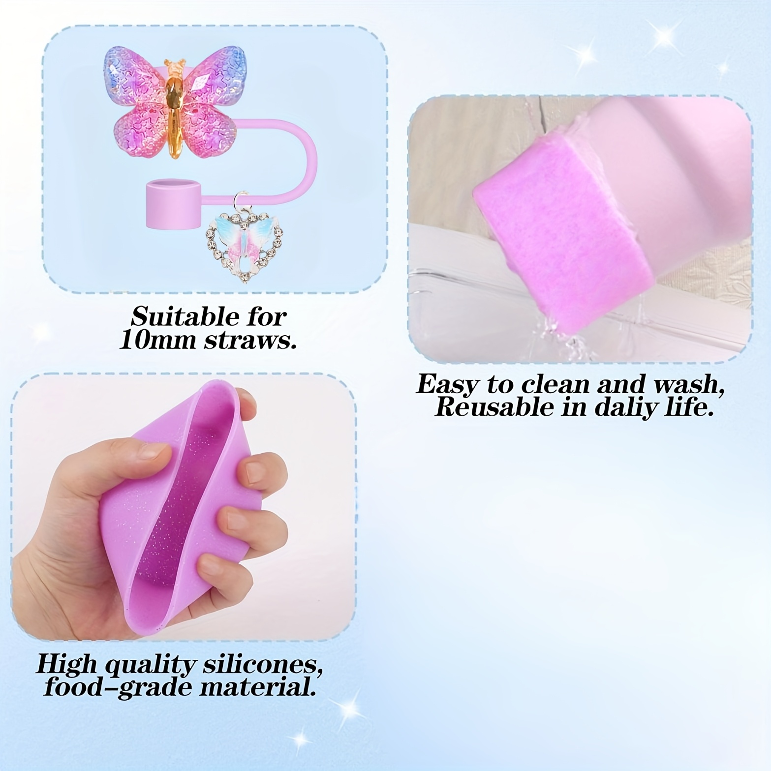 juego de 8 accesorios para tazas  : 1 cubierta con   de 10mm, 3 tapones antiderrames, 1 botín de silicona, 1 pajilla   y 1 cepillo para pajillas más cadena con   de   - regalos navideños Detalles del producto 4
