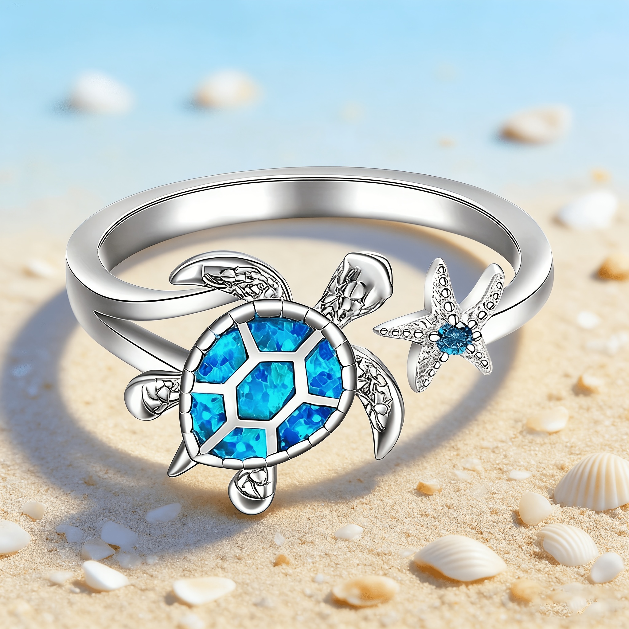 TEMU 1pc Women's Fashion Statement Ring, Hawaiian Style Inlaid Blue Opal Sea Turtle And Starfish , Suitable For Daily Wear, Banquets, Birthday Gift,