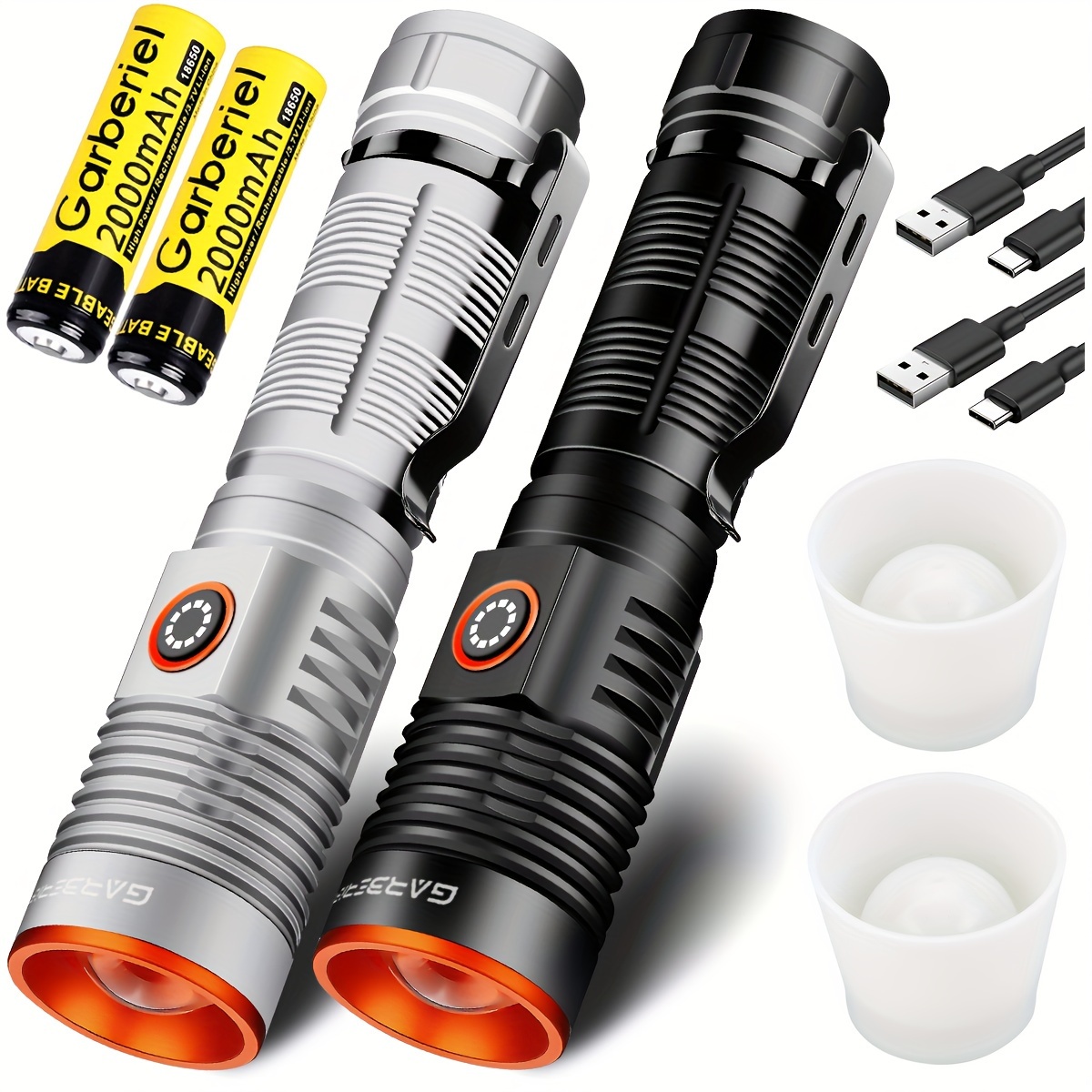 

2pack Garberiel High Usb Rechargeable Led Flashlights, 4 Powerful Handheld Dimmable Flashlight With Clip & Diffuser For Home/camping/hiking