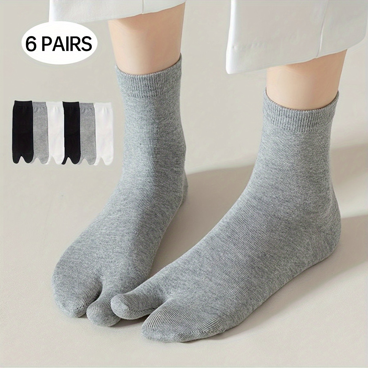 TEMU 3-pair/6-pair Women's Toe Separator Socks In Black, White, And Gray, Versatile Heelless Two-toe Socks, Japanese-style Trendy Mid-calf Socks,