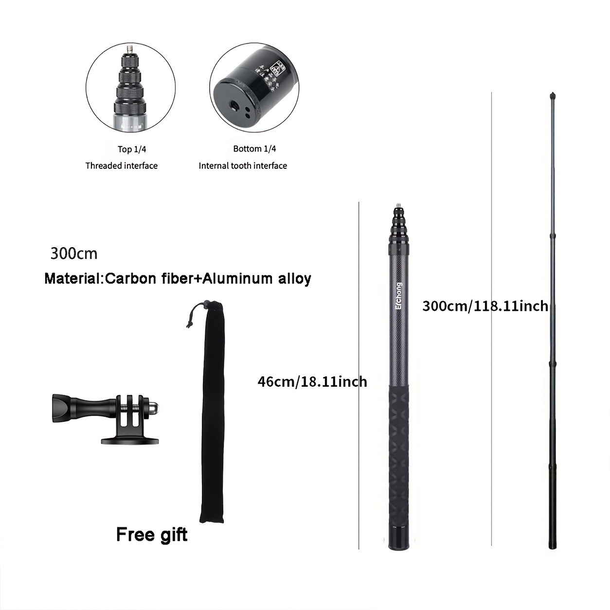 TEMU 1.5m/ Invisible Carbon Fiber Selfie Stick For X6/x5/x4/x3/ace , 6/5/4/3/ 360/nano, Compatible With Hero, Universal Action Camera Extension Pole