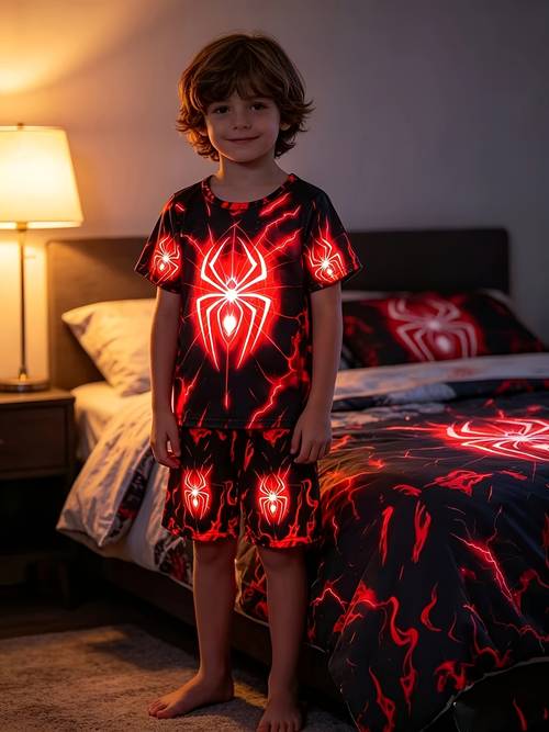 little boy 2pcs set glow in the dark pattern short sleeve t shirt in the dark pattern random print shorts set cool loungewear for spring retardant fabric light