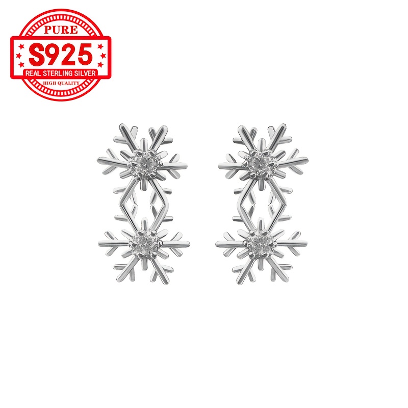 Double Snowflake Zirconia Earrings, S925 Silver