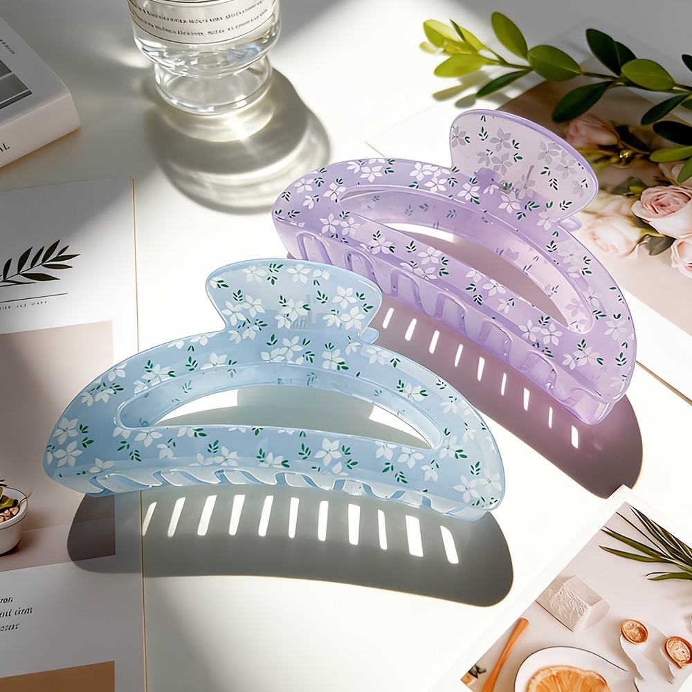 TEMU Two-piece Set Of Hollowed-out Semi-circular Hair Clips Candy-colored Floral Print Hair Additions Gentle And Versatile Hair Clips For Women