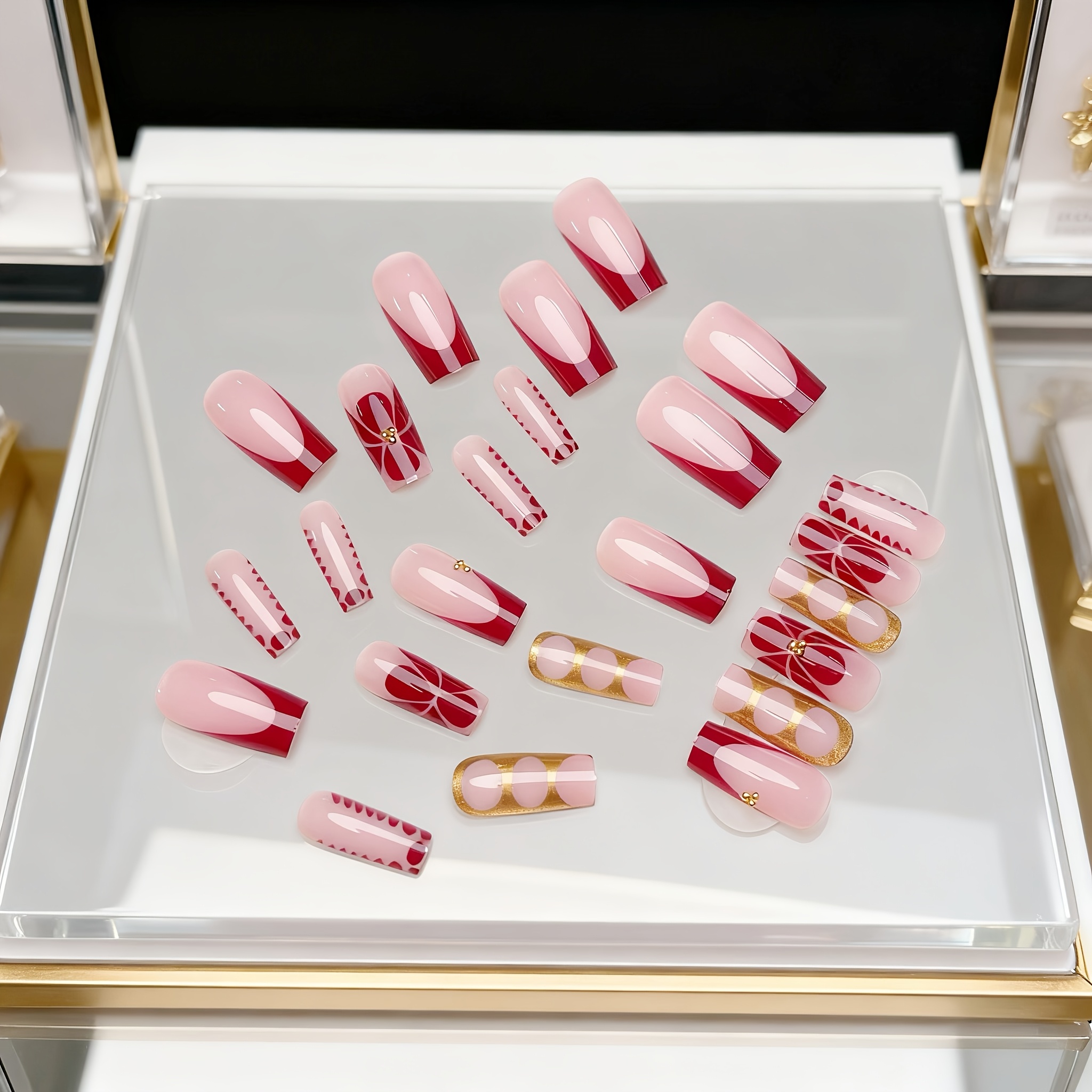 TEMU 24pcs Press-on Nails Set With Golden And Red Trendy Stripes, Gradient, Crushed Rhinestones, And Floral Designs. Medium-length Water Pipe Style