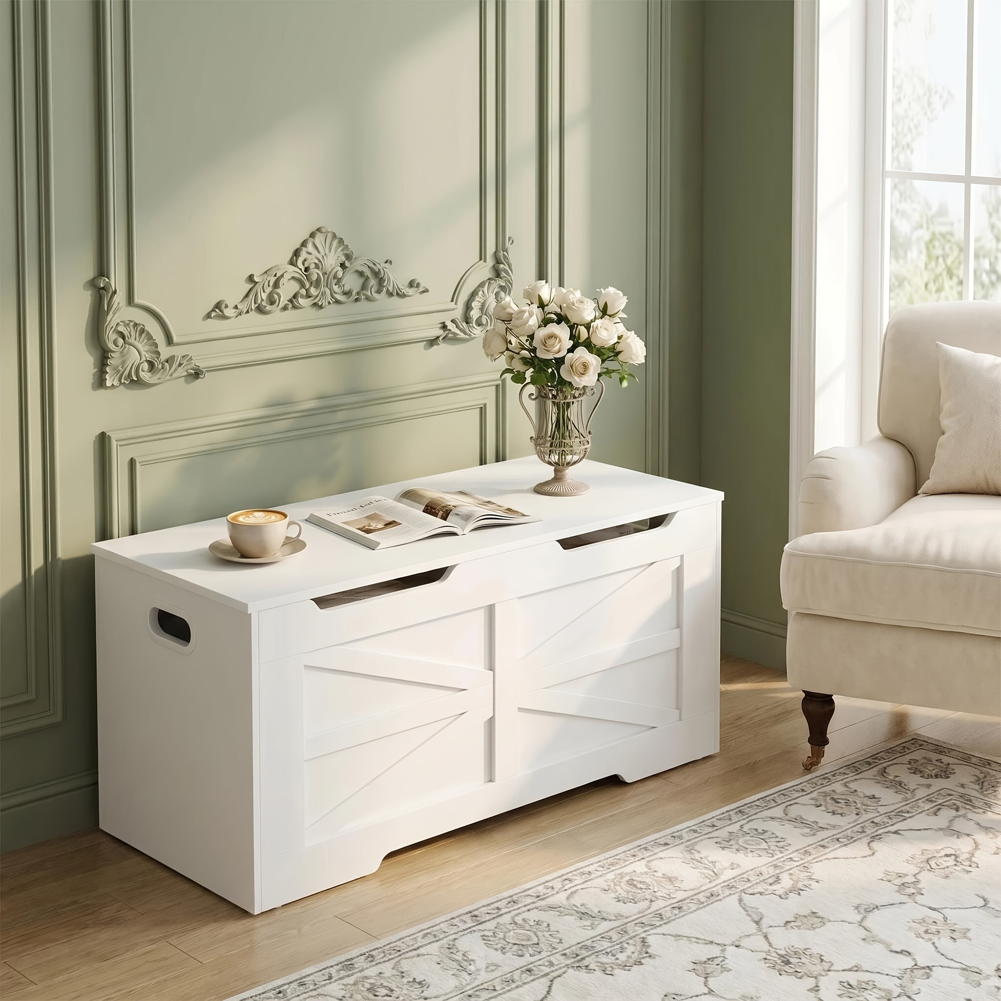 Minimalist White Storage Bench, 101cm, With Seat And Storage Box; Suitable For Entryway Shoe Changing, Bedroom Bed End, And Living Room Decoration., Trunks