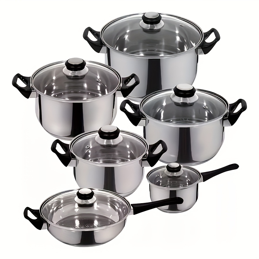 12pcs set non stick cookware set   6 lids mixed stainless steel cookware set non stick frying pan stew pot wok and soup pot     frying pan compatible with induction cooker and gas stove   kitchen cookware details 0