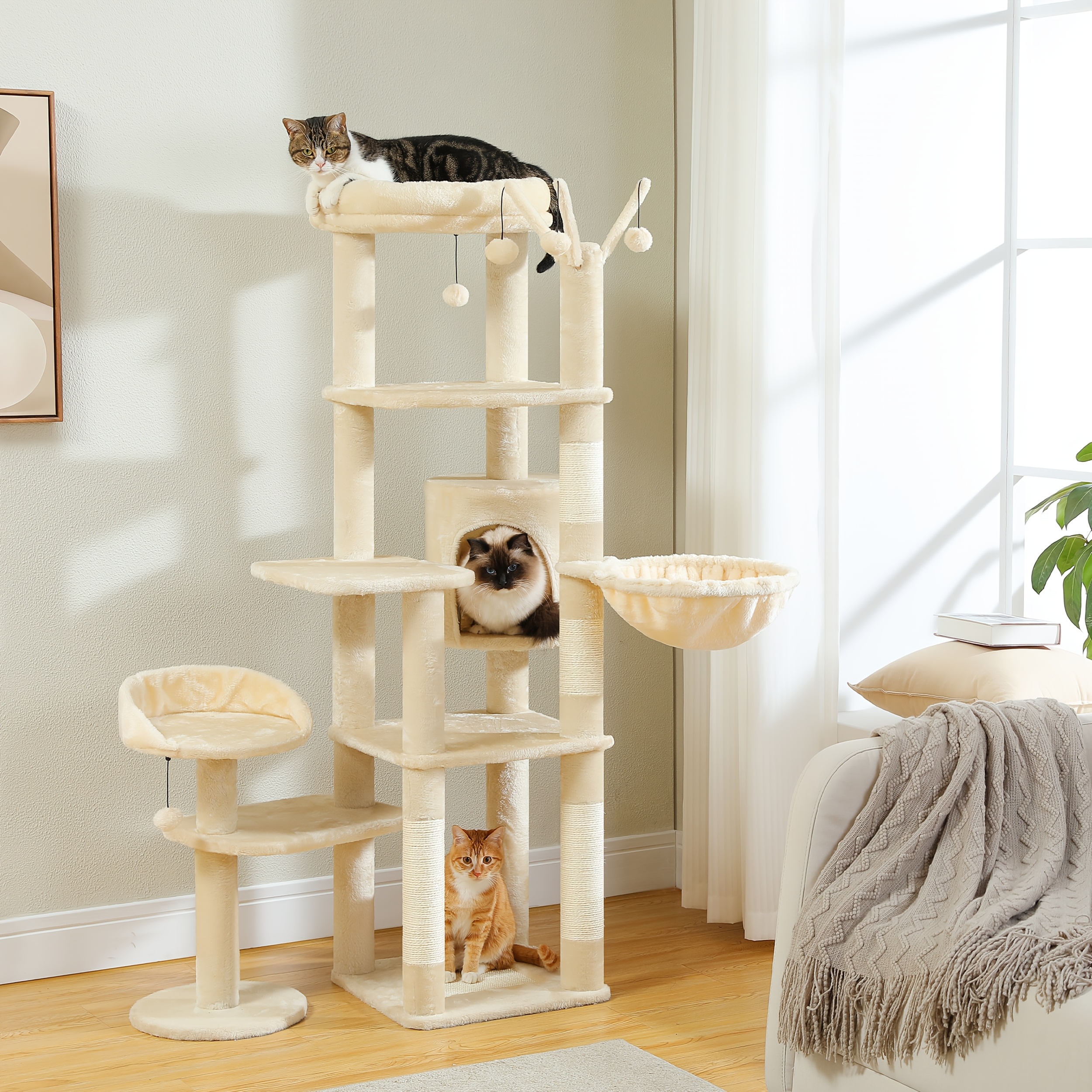 TEMU 59" Cactus Cat Tree, Large Cat Tree Suitable For Indoor Cats, Cat Tower Suitable For Large Cats, Cat Tower, Cat Nest With Large Hanging Bed, Scratching Post And 2 Perches