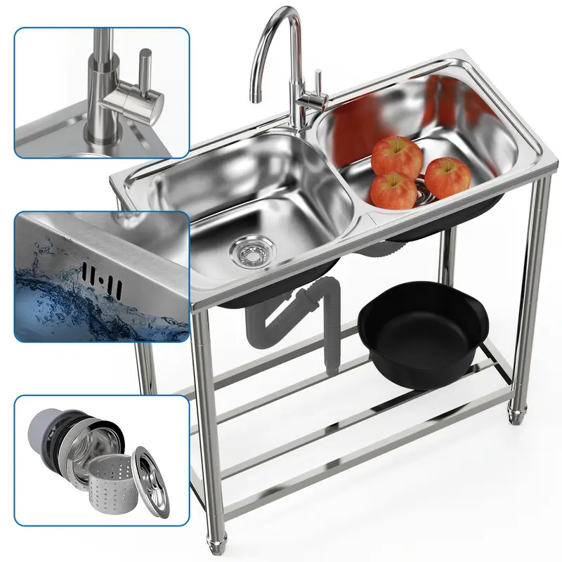 grösse: 78x43x82cm freistehendes waschbecken, 2 waschbecken, badezimmer-waschbecken, waschbecken mit heiß- und kaltwasserhahn, für küche, außenbereich, camping, garten, garage Produktdetails 4