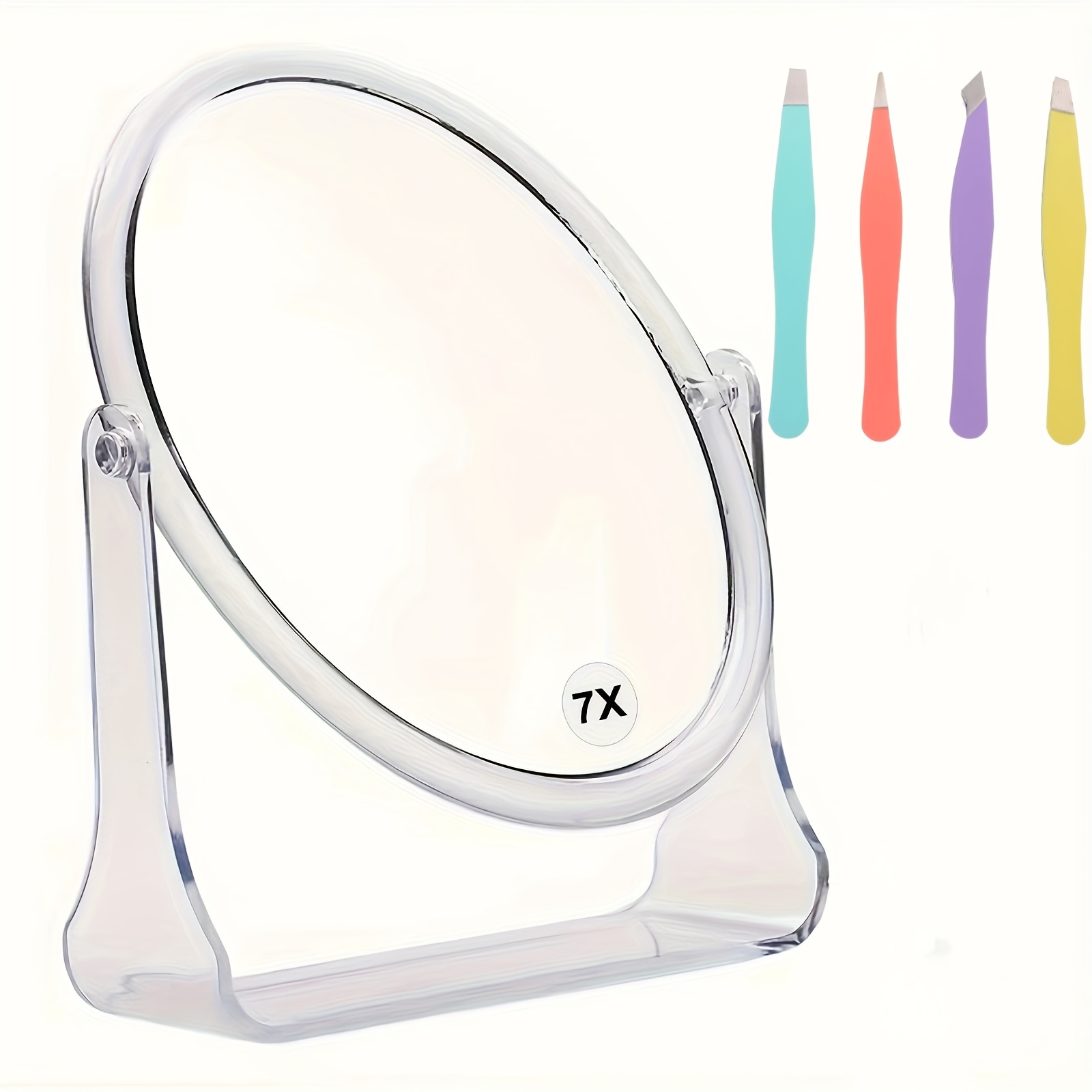 

1 Set 7" Hd Double-sided Magnifying Makeup Mirror With 1x/7x, 360° Rotatable Stand, Unscented Eyebrow Grooming Tool, Hair Removal Tweezers Included