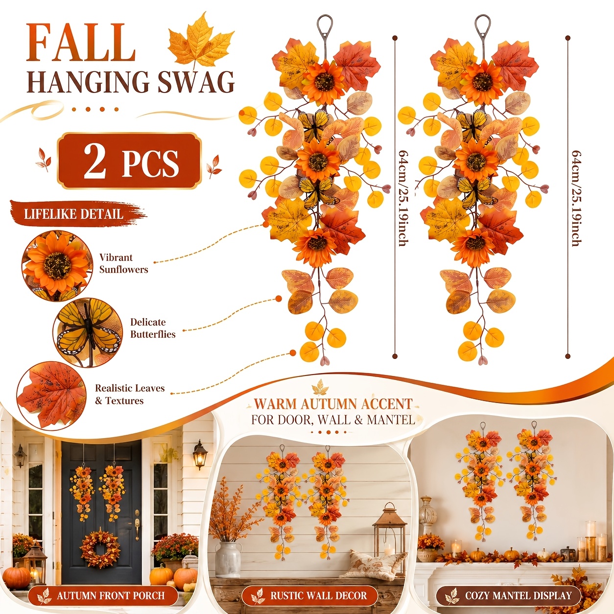 TEMU 2pcs Autumn /autumn Decorative Vine Wreath, Featuring Main Elements Including Orange Sunflowers, , Round , Vine Branches, , And Butterflies.