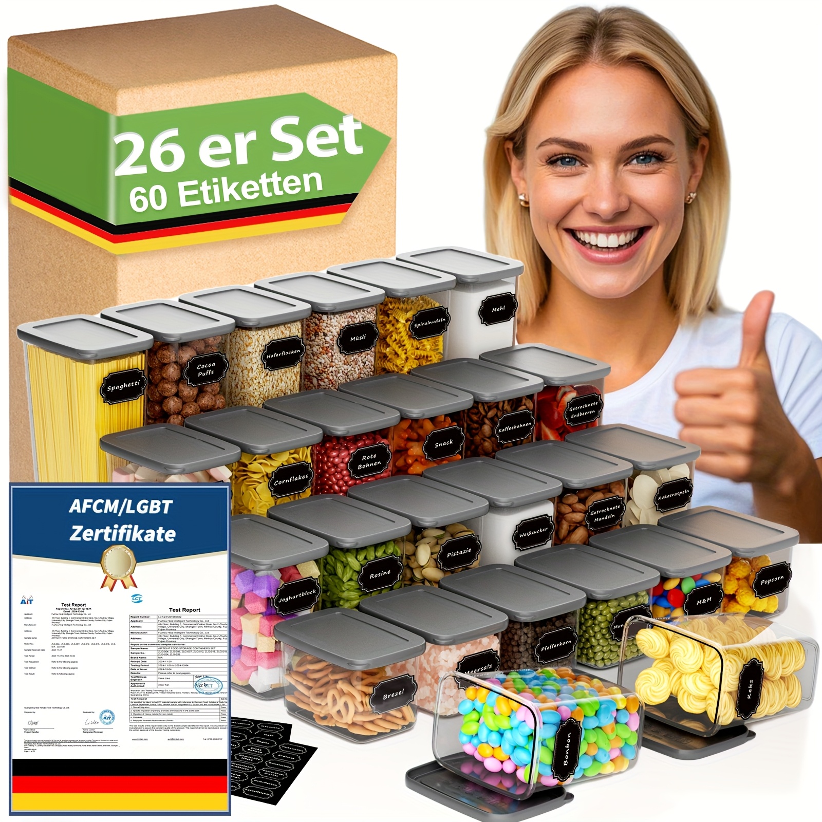 E-shop Ein Set aus 52 (26 Deckel + 26 Gläser) verschlossenen Aufbewahrungsboxen für Lebensmittel mit Deckeln, die zum Organisieren und Aufbewahren von