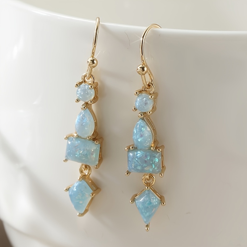 TEMU 1 Pair Exquisite Iridescent Blue Geometric Water Drop Dangle Earrings, Elegant Temperament, Suitable For Women's Banquets And Parties, Vacation