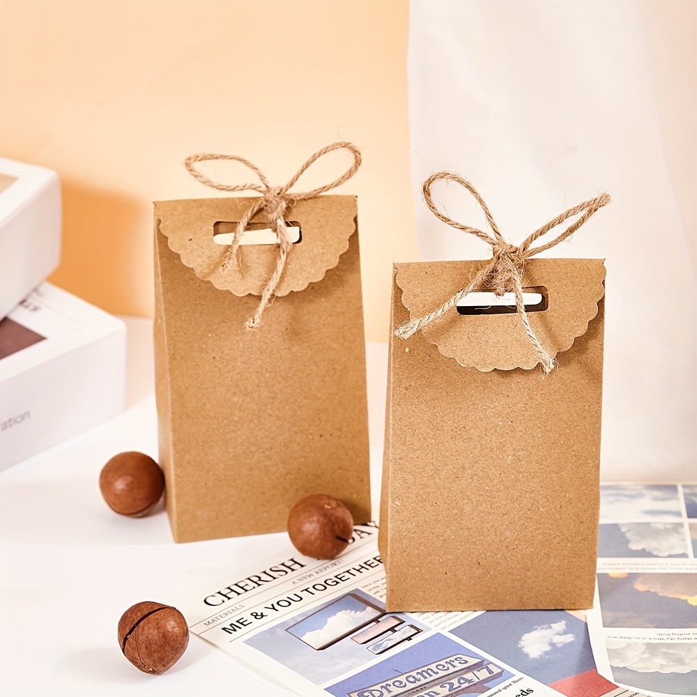 

24pcs Set - Rustic Brown Paper Gift Bags Bow & Scalloped Top - Ideal For Diy Projects, Birthday Parties & Wedding Favors - High- Packaging, Small Gift Bags