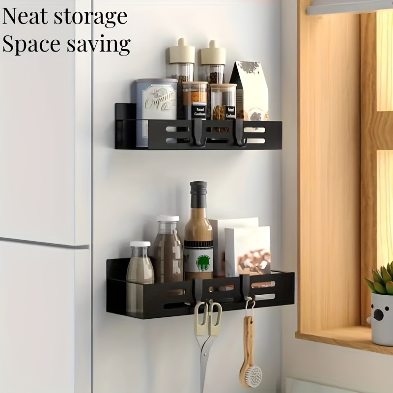 

1/2pcs Heavy-duty Magnetic Storage Rack, Iron Hanging Shelf Organizer With Removable Hooks, No-drill Wall Mount Spice Rack For Kitchen, Laundry Room, And Home Use