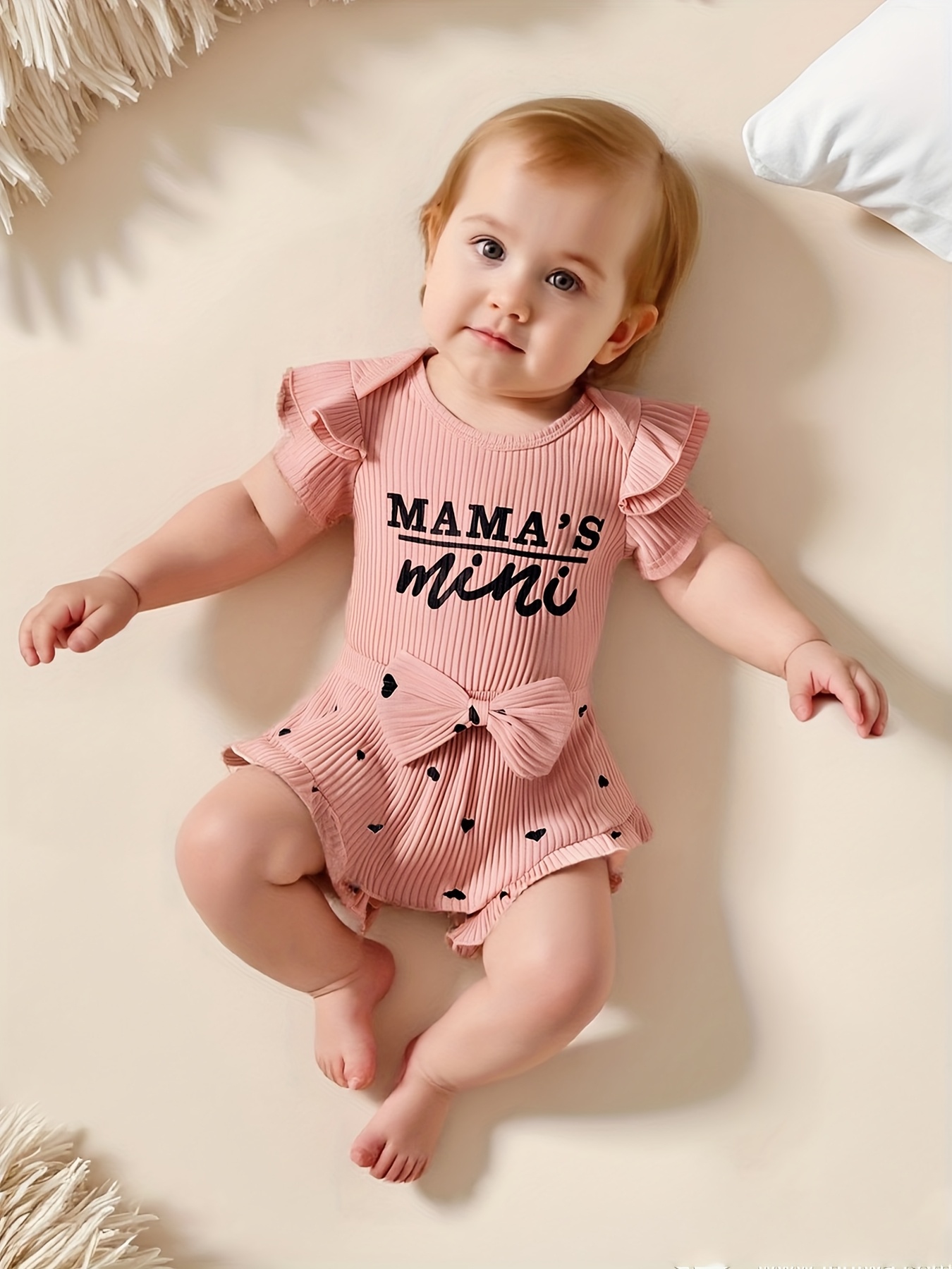 1pc Baby Girls Clothes, Gift for Newborn Baby Girl, Baby Girls Clothes with  Headband Heart Pattern Bow Decoration Ruffle Sleeve Set Three