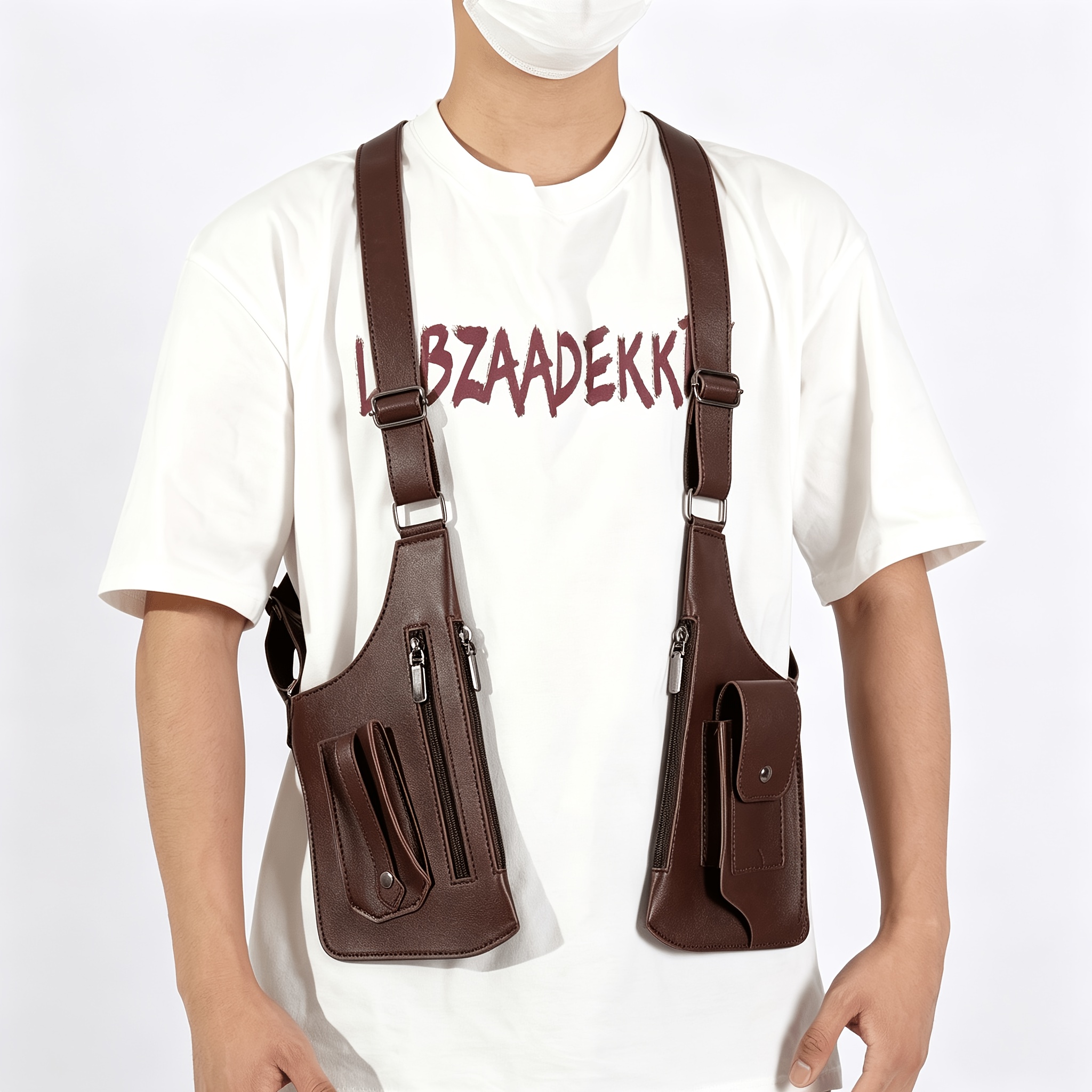 TEMU Sac de poitrine double épaule vintage, harnais de poche , organisateur de portefeuille de téléphone multi-poches, sac utilitaire de voyage