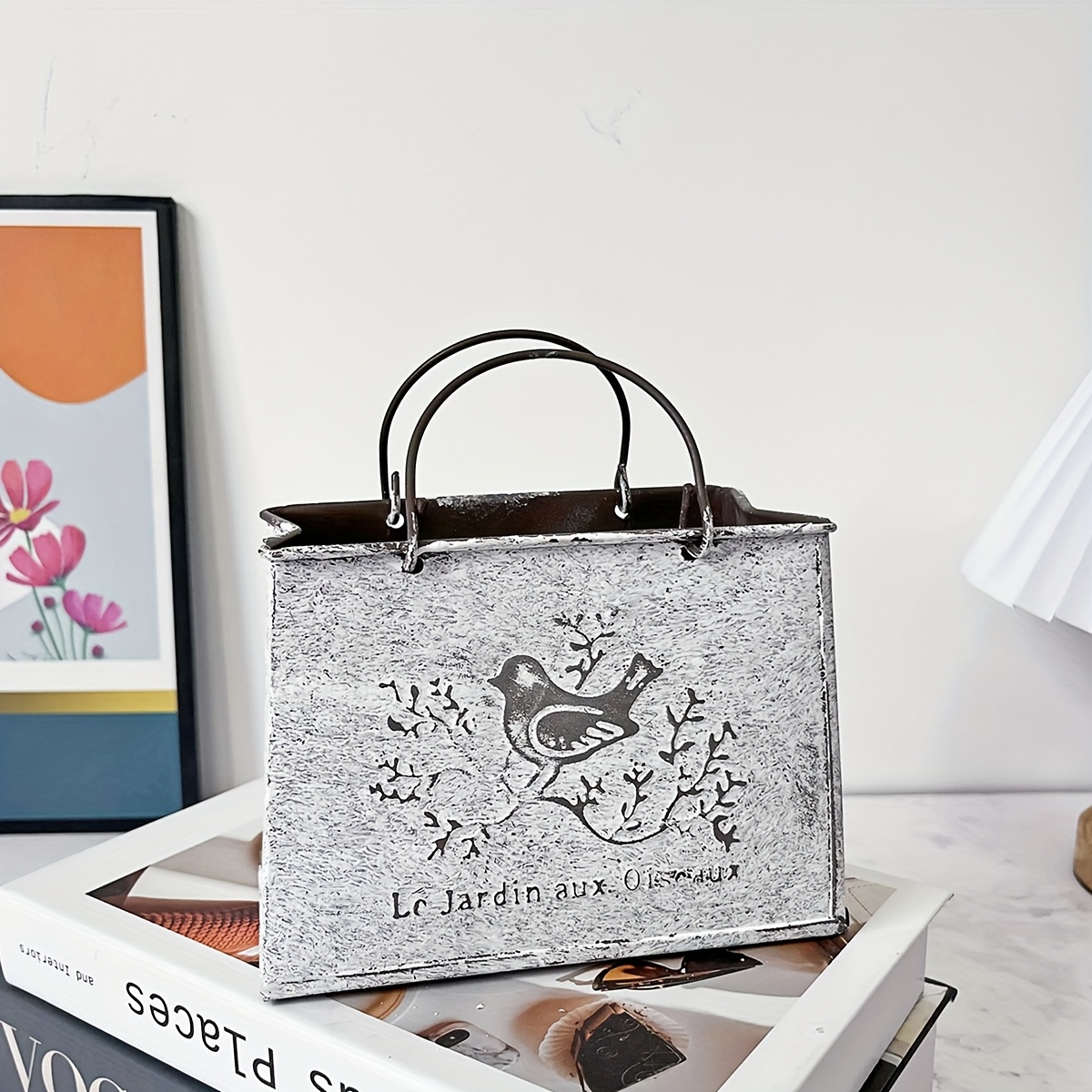 E-shop Retro Handtasche Eisen Blumentopf, Trockenblumen Vase Ornament, Retro Vogelmuster mit Aux Oiseaux, Rostschutzbeschichtung, Geeignet für Innen-